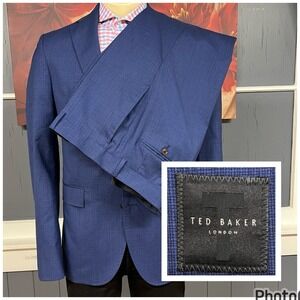 Ted Baker Suit Mens 42L Long Modern Slim Fit Pants 35x35 Wool Blue Check Italy